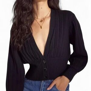 Aritzia Black Ribbed V-Neck Button Cardigan